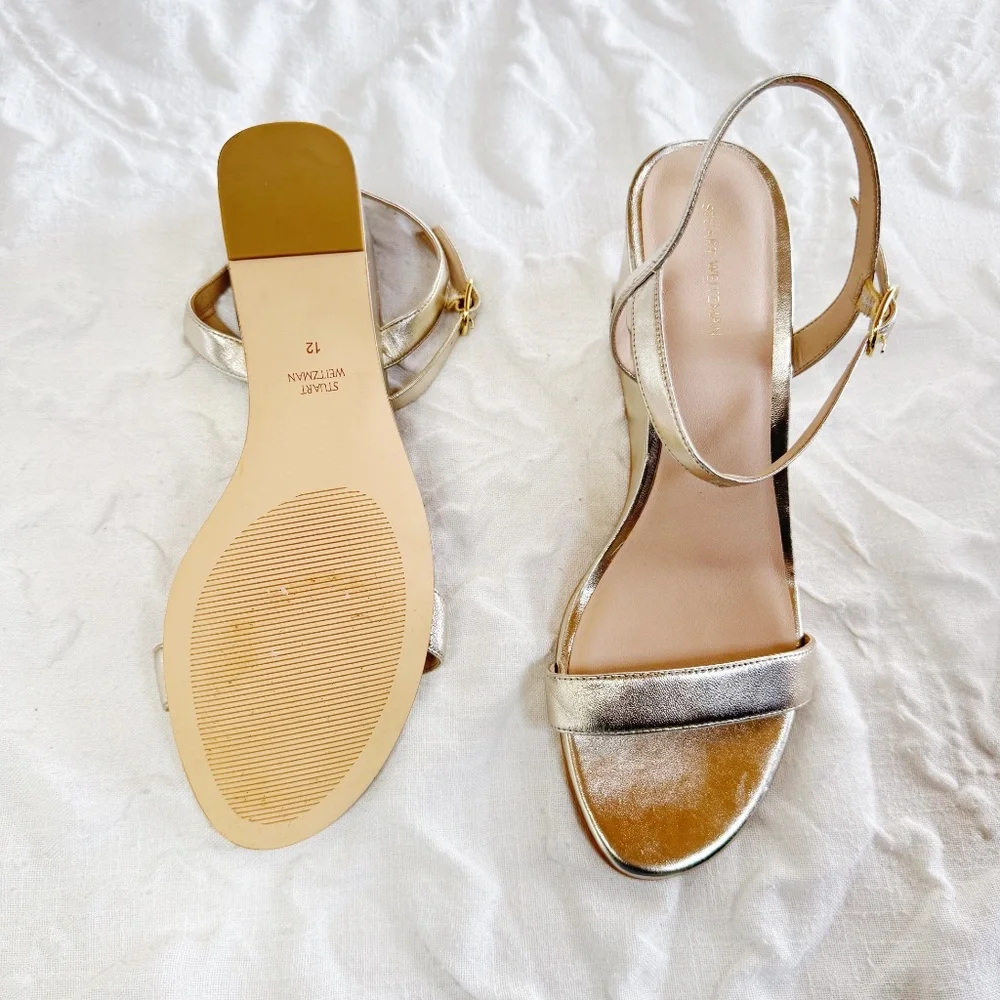 Stuart Weitzman Metallic Gold Wedge Sandals - Picture 9 of 9